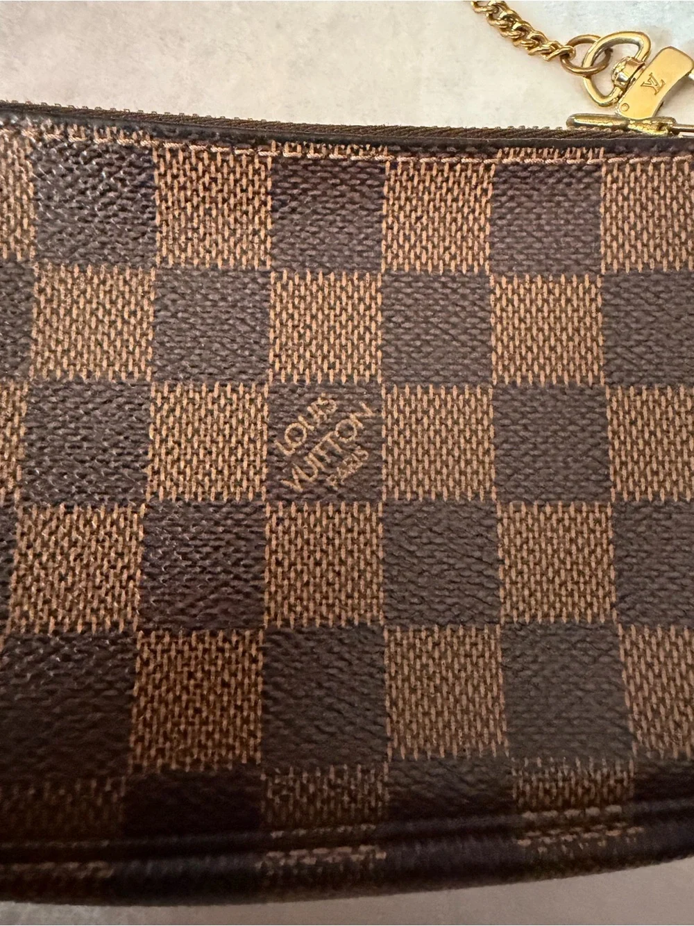 Louis Vuitton Trunks & Bags Damier Ebene Mini Pochette w/LV Branded Chain Strap